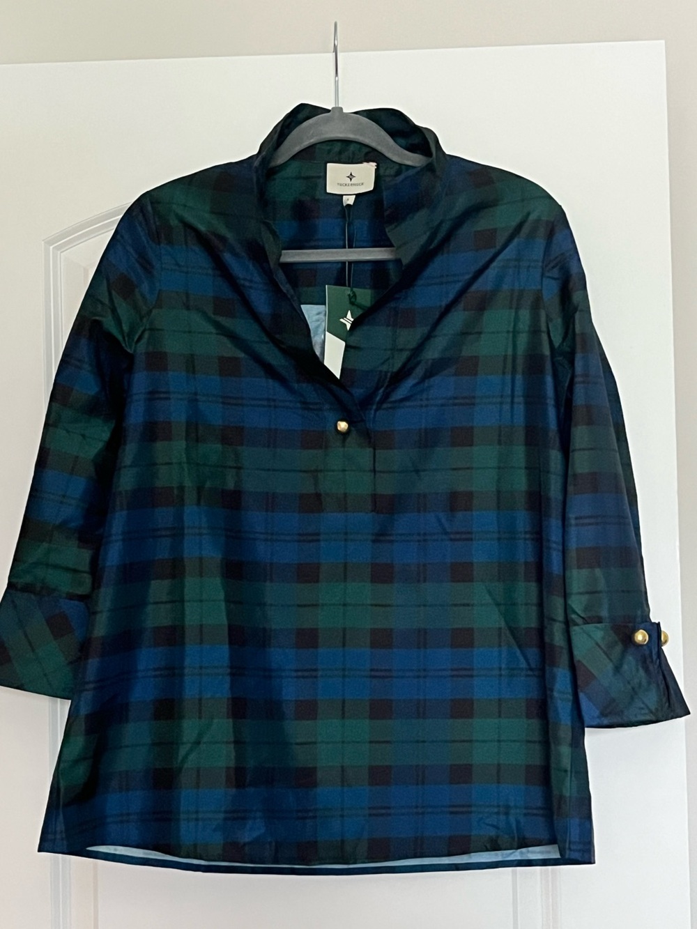 Tuckernuck Blackwatch Plaid French Cuff Tunic Popover Blouse Taffeta Sz S NWT